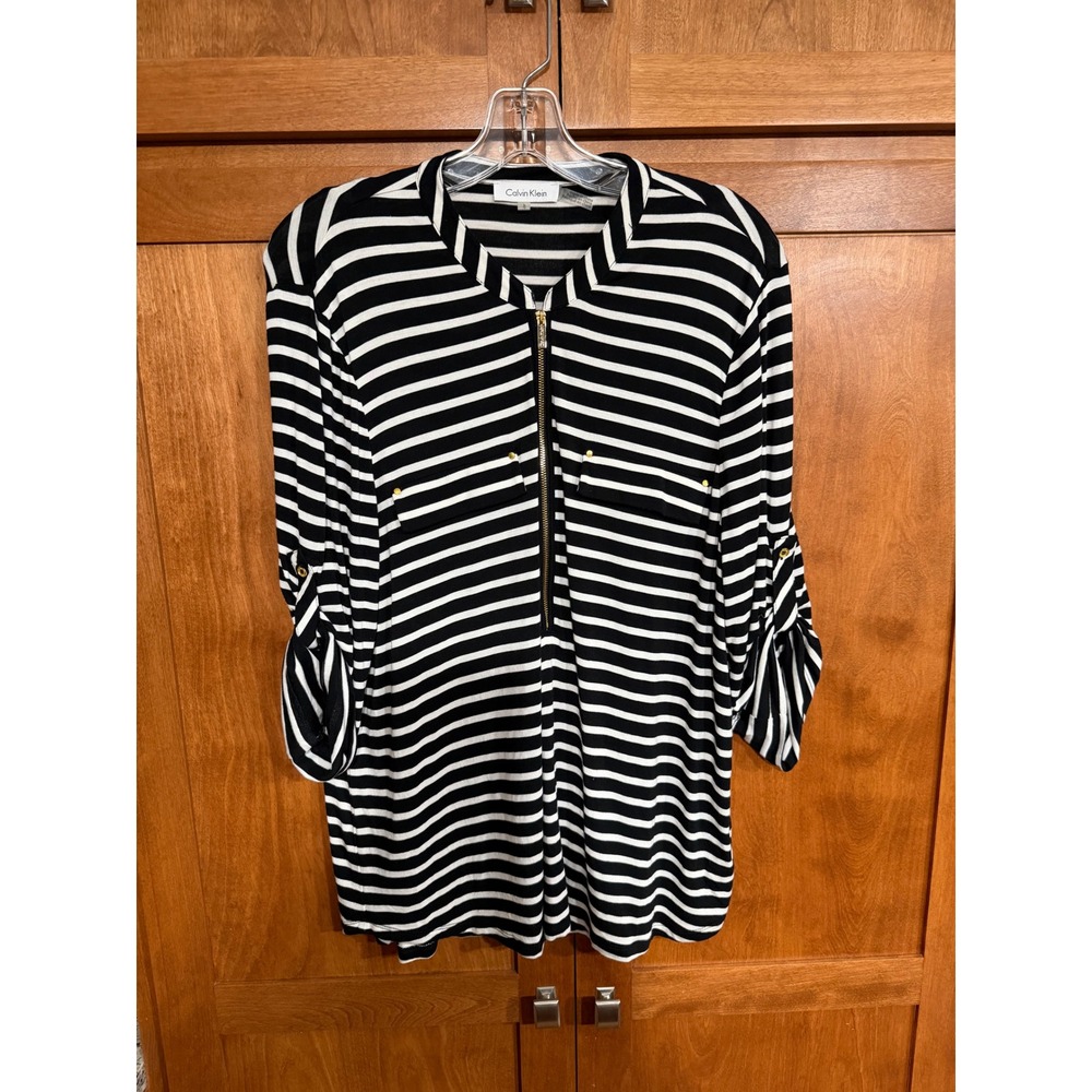 Calvin Klein Women Black White Striped Zip Front Long Sleeve Blouse Large